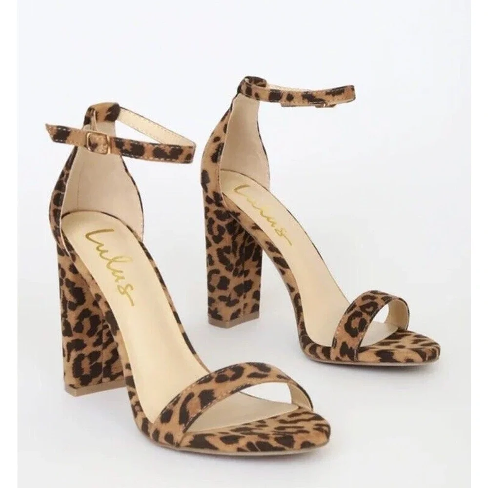 New Lulus Taylor Brown Leopard‎ Cheetah Print Suede Ankle Strap Block Heels Sz 7